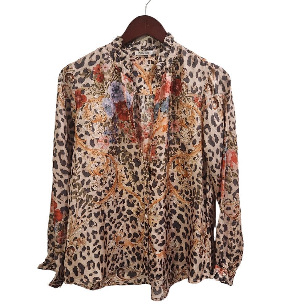 Johnny Was Top Amabel Animal Print Blouse Silk XSmall